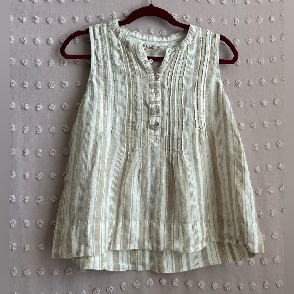 Faherty Cream and Tan Striped Sleeveless Pintuck Linen Top
